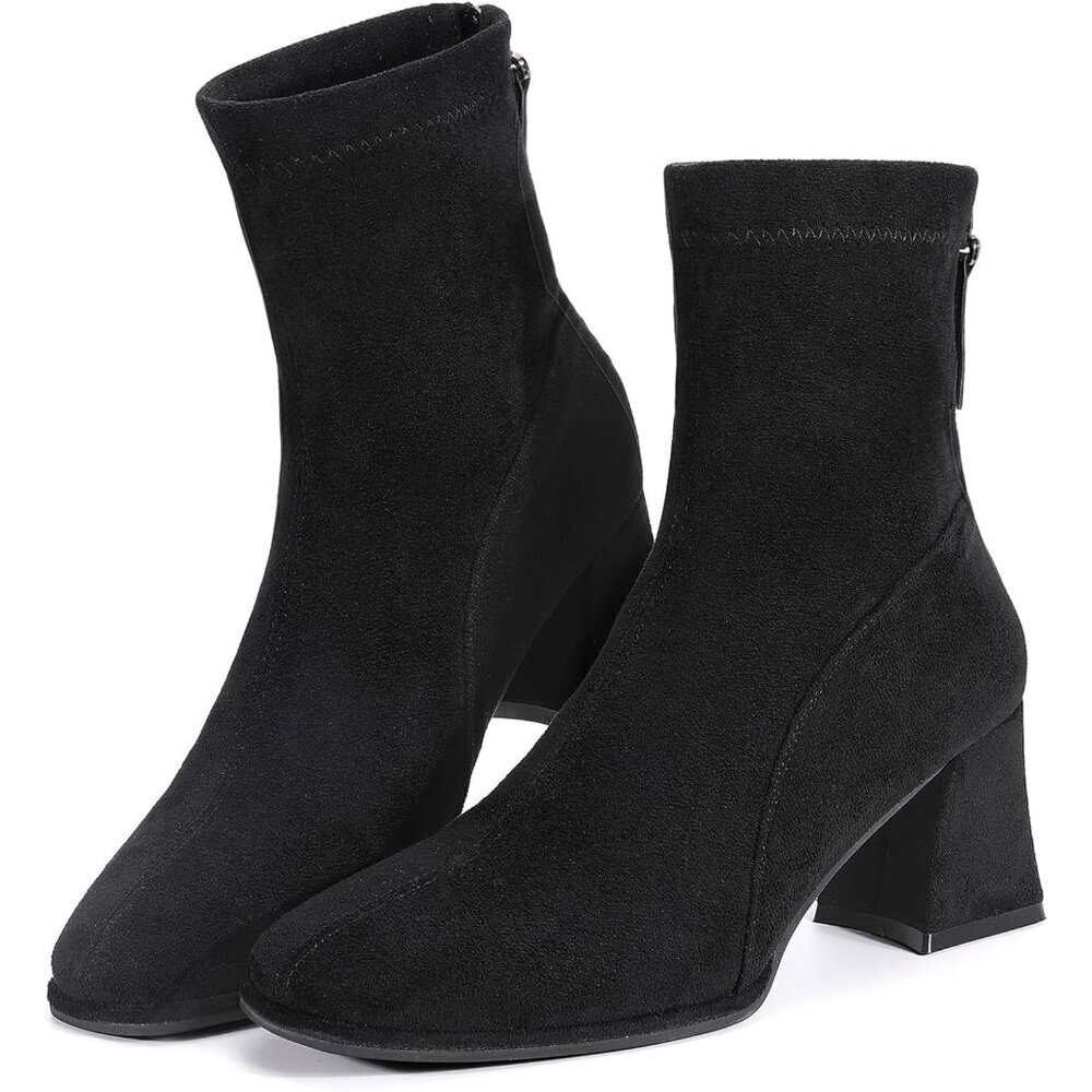 Women's Square Toe Ankle Chestnut Boot Faux Suede Low Black Heel Chelsea Shoes